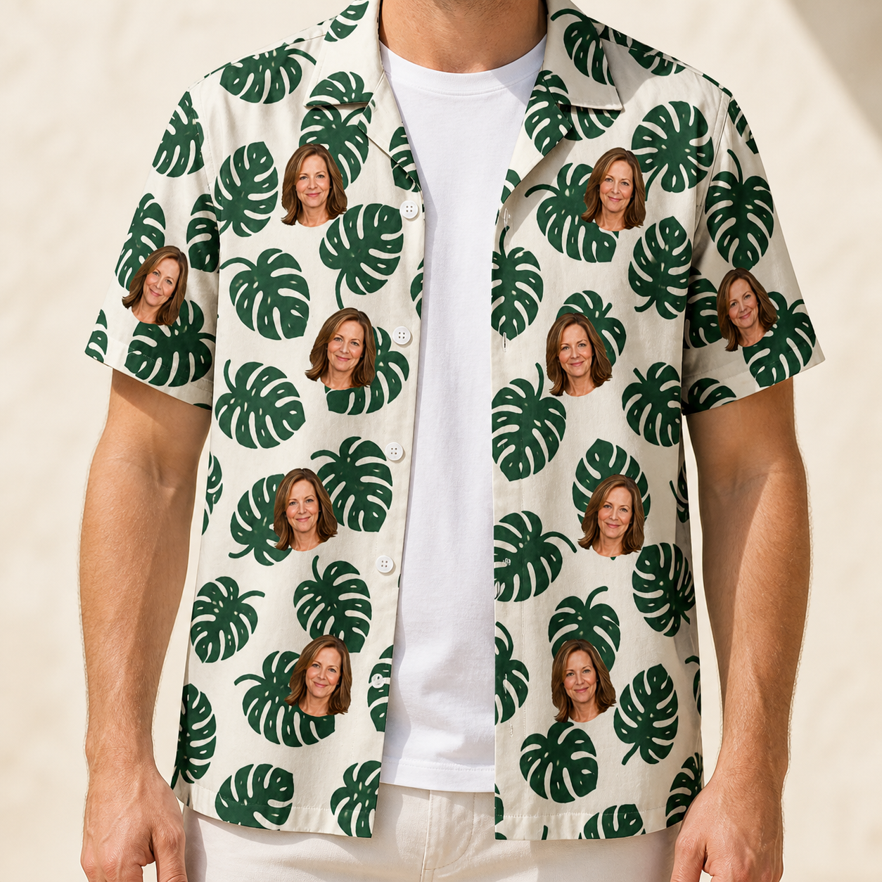 Man wearing Men's Verdant Vacation Custom Face Hawaiian Shirt open over a white tee