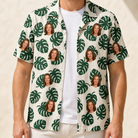 Man wearing Men's Verdant Vacation Custom Face Hawaiian Shirt open over a white tee