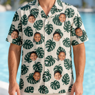 Model wearing Men's Verdant Vacation Custom Face Hawaiian Shirt printed with kids' faces