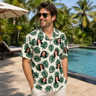 Real-life photo of someone wearing Men's Verdant Vacation Custom Face Hawaiian Shirt — custom faces printed all-over