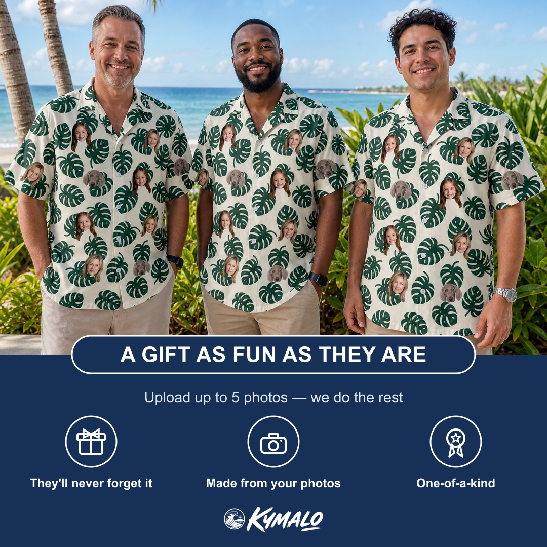 Friends in matching Men's Verdant Vacation Custom Face Hawaiian Shirt — a group gift photo