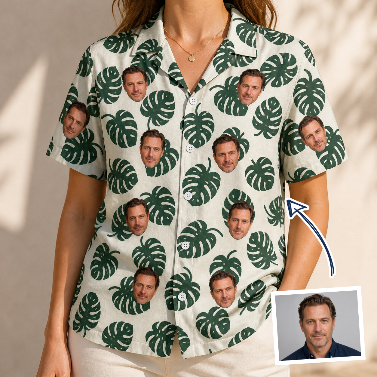 Woman wearing Women's Verdant Vacation Custom Face Hawaiian Shirt — custom faces printed all-over