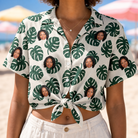 Woman wearing Women's Verdant Vacation Custom Face Hawaiian Shirt tied at the waist