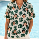 Model wearing Women's Verdant Vacation Custom Face Hawaiian Shirt printed with kids' faces