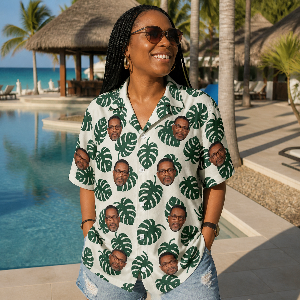 Real-life photo of someone wearing Women's Verdant Vacation Custom Face Hawaiian Shirt — custom faces printed all-over