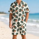 Model wearing Men's Verdant Vacation Custom Face Shirt & Shorts Set printed with kids' faces