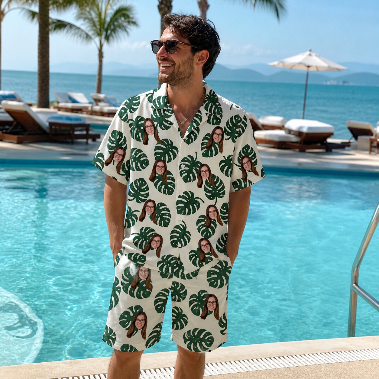 Real-life photo of someone wearing Men's Verdant Vacation Custom Face Shirt & Shorts Set — custom faces printed all-over