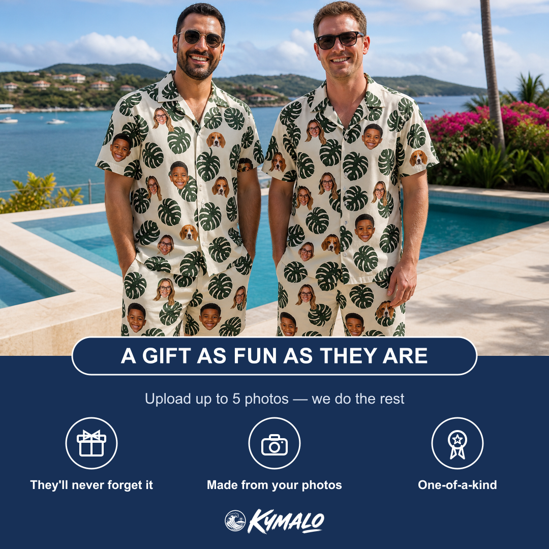 Friends in matching Men's Verdant Vacation Custom Face Shirt & Shorts Set — a group gift photo