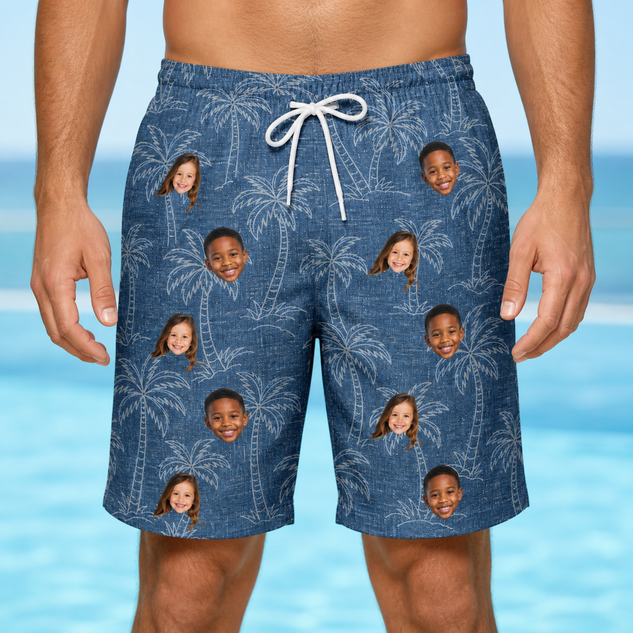 Model wearing Men's Blossom Bounce Custom Face Beach Shorts printed with kids' faces