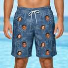 Model wearing Men's Blossom Bounce Custom Face Beach Shorts printed with kids' faces