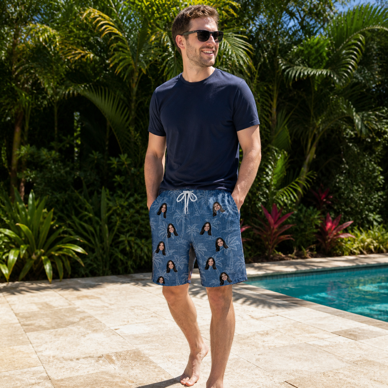 Real-life photo of someone wearing Men's Blossom Bounce Custom Face Beach Shorts — custom faces printed all-over