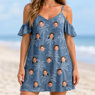 Model wearing Women's Blossom Bounce Custom Face Off-Shoulder Dress printed with kids' faces