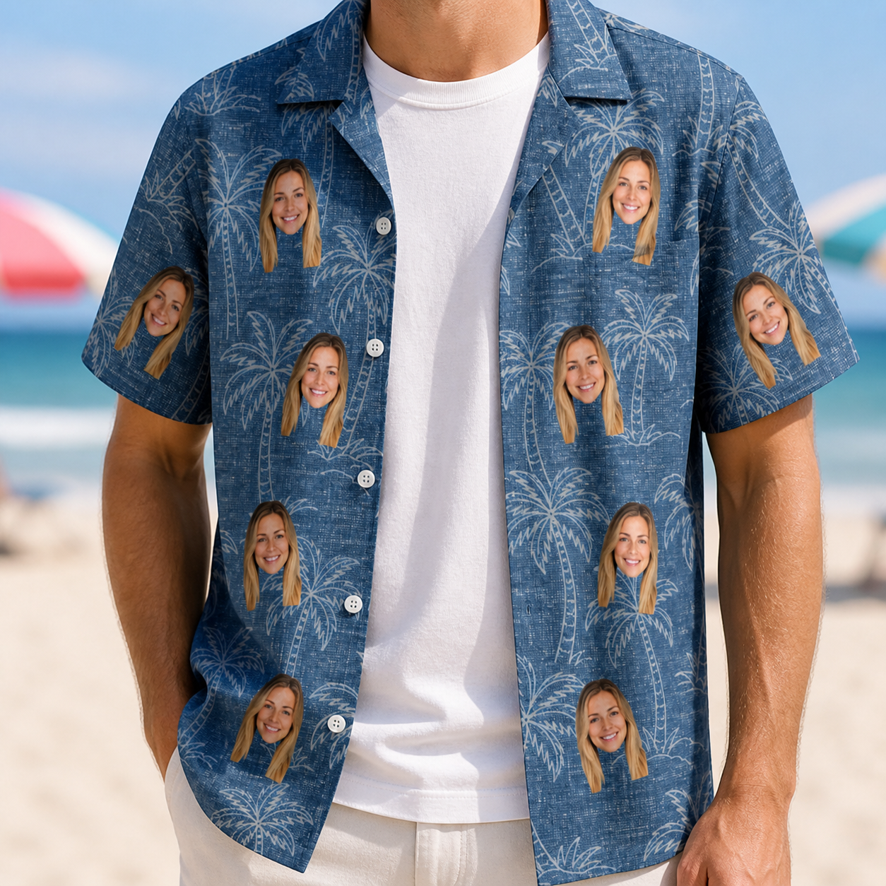 Man wearing Men's Blossom Bounce Custom Face Hawaiian Shirt open over a white tee
