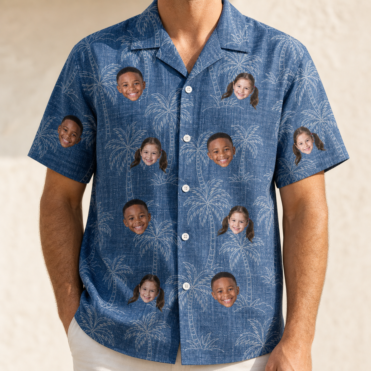 Model wearing Men's Blossom Bounce Custom Face Hawaiian Shirt printed with kids' faces