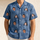 Model wearing Men's Blossom Bounce Custom Face Hawaiian Shirt printed with kids' faces