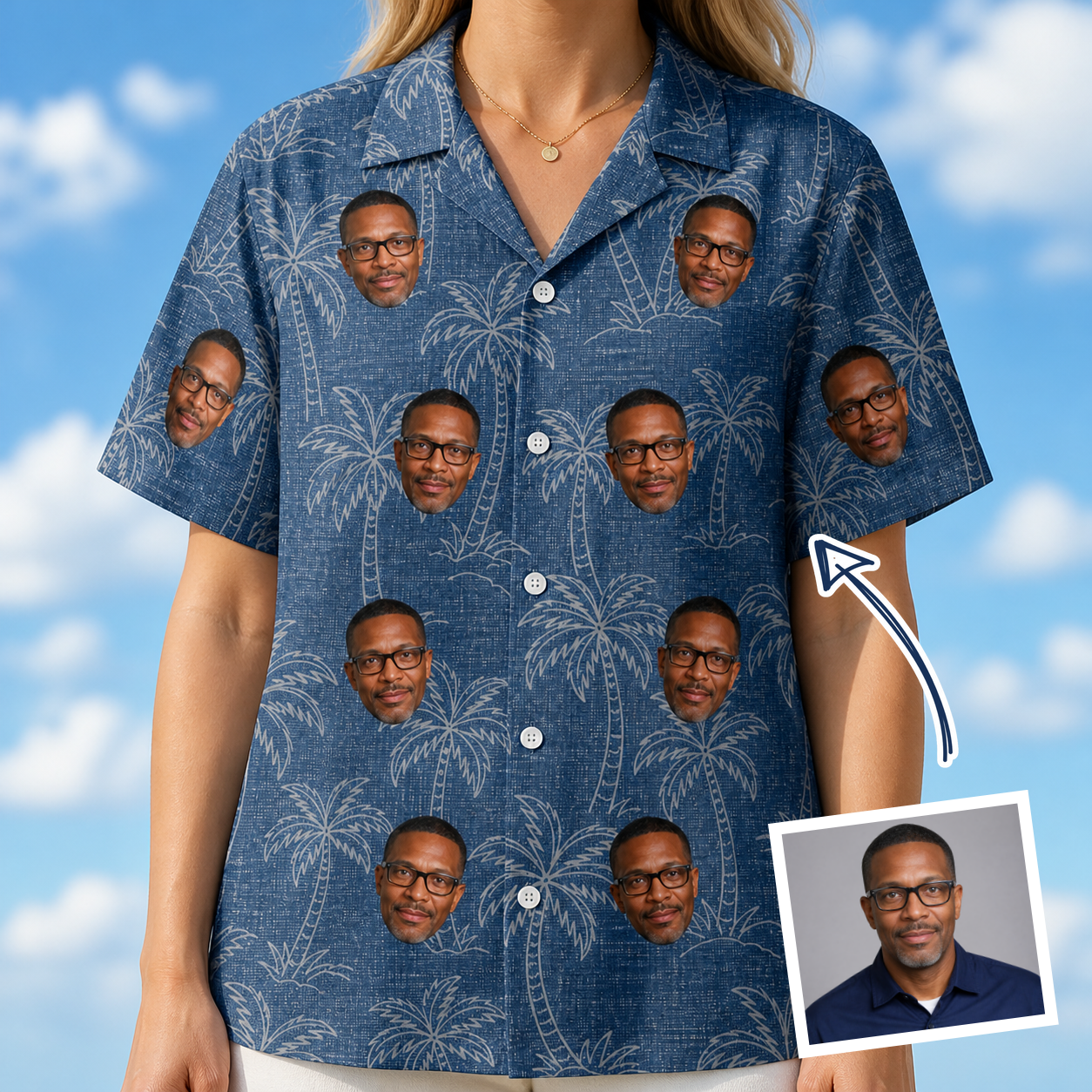 Woman wearing Women's Blossom Bounce Custom Face Hawaiian Shirt — custom faces printed all-over