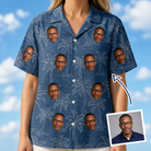 Woman wearing Women's Blossom Bounce Custom Face Hawaiian Shirt — custom faces printed all-over