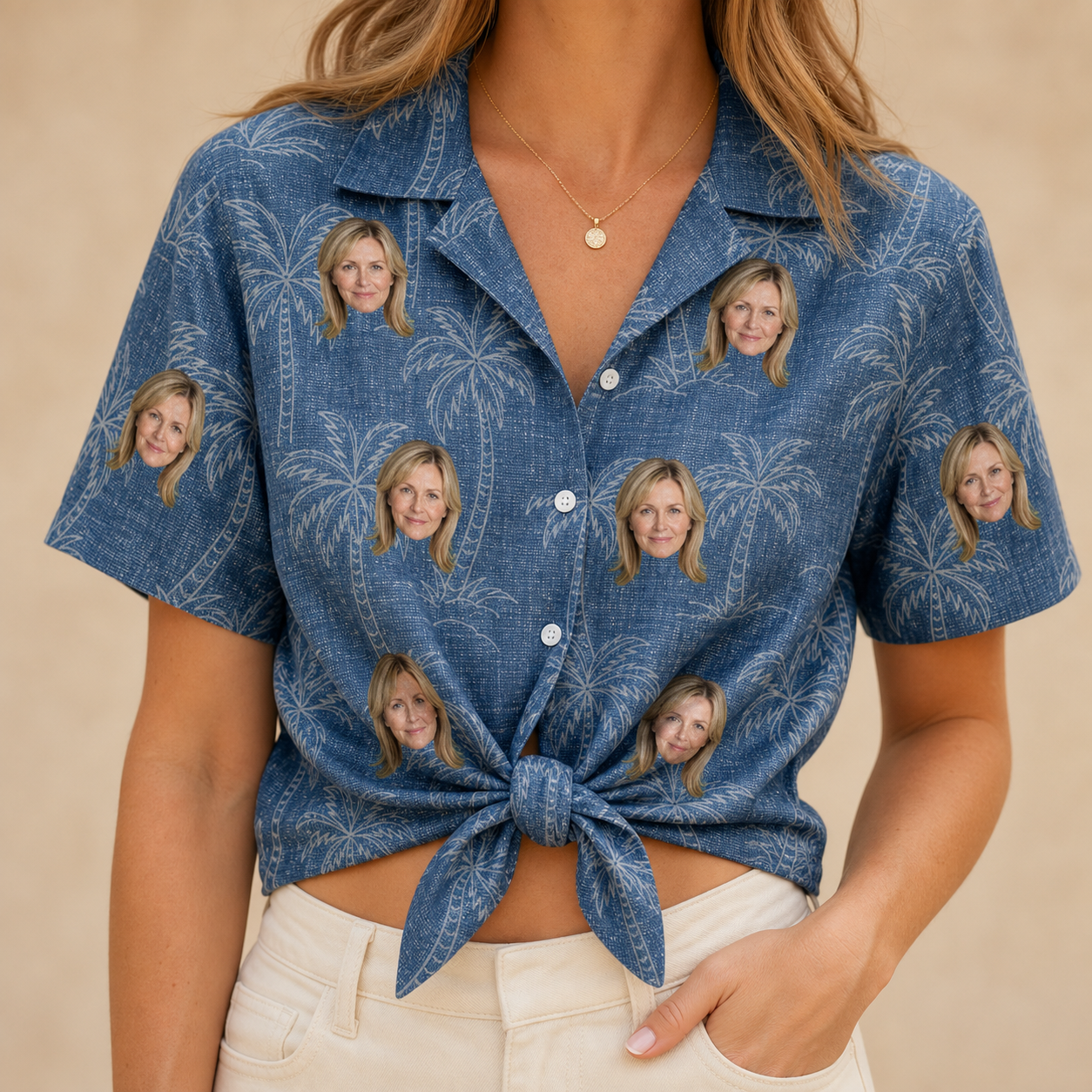 Woman wearing Women's Blossom Bounce Custom Face Hawaiian Shirt tied at the waist