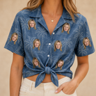 Woman wearing Women's Blossom Bounce Custom Face Hawaiian Shirt tied at the waist