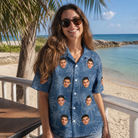 Real-life photo of someone wearing Women's Blossom Bounce Custom Face Hawaiian Shirt — custom faces printed all-over