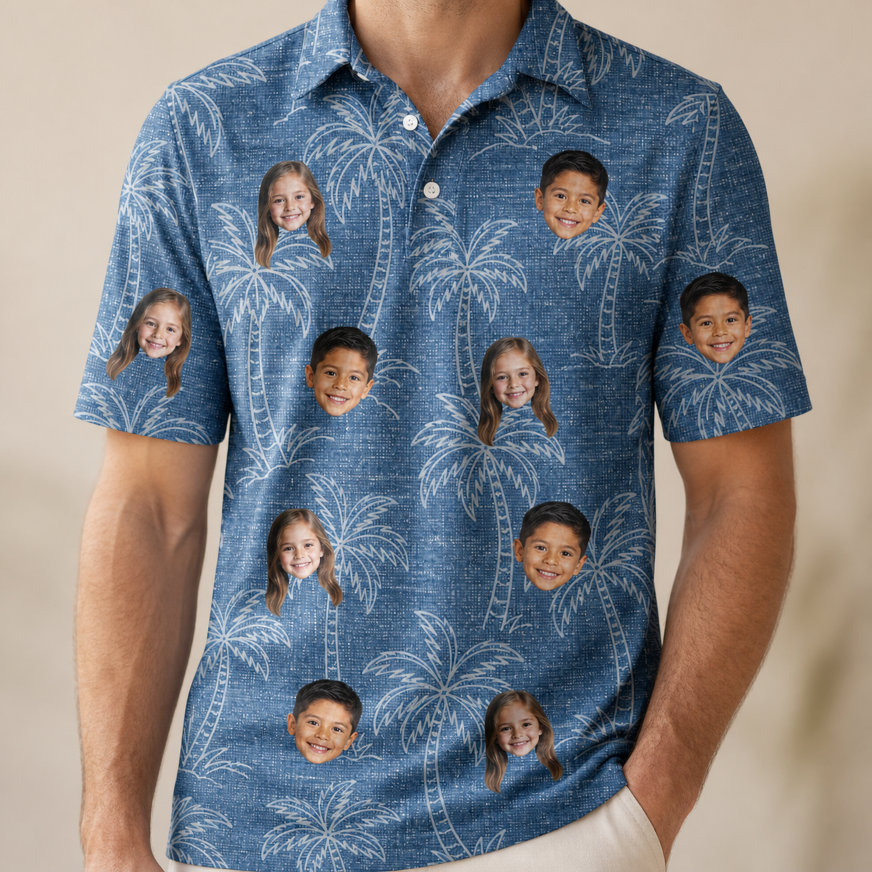 Model wearing Men's Blossom Bounce Custom Face Polo Shirt printed with kids' faces