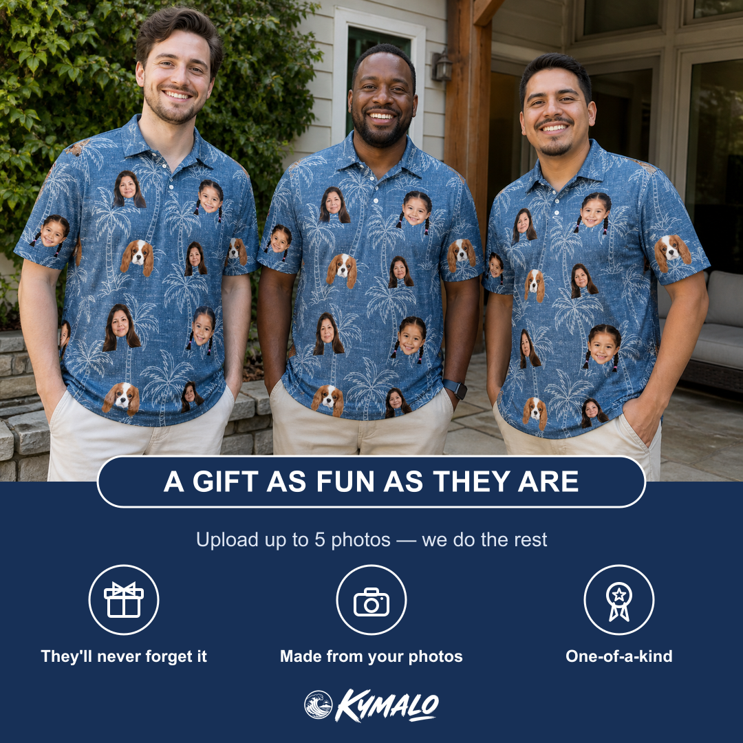 Friends in matching Men's Blossom Bounce Custom Face Polo Shirt — a group gift photo