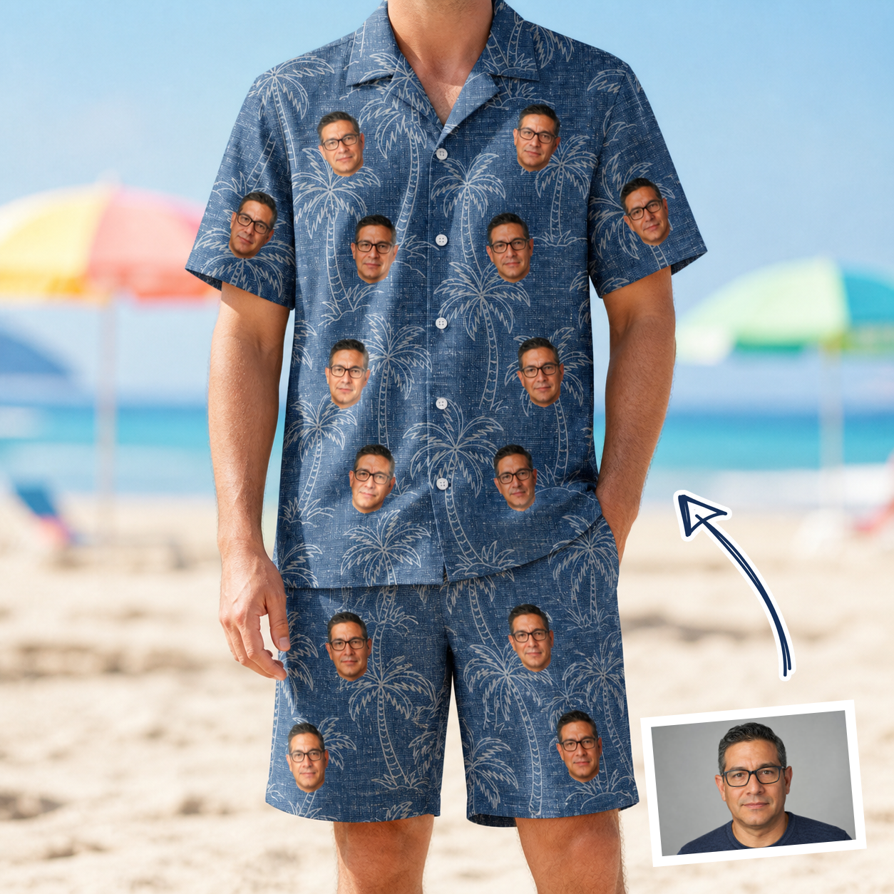 Man wearing Men's Blossom Bounce Custom Face Shirt & Shorts Set — custom faces printed all-over