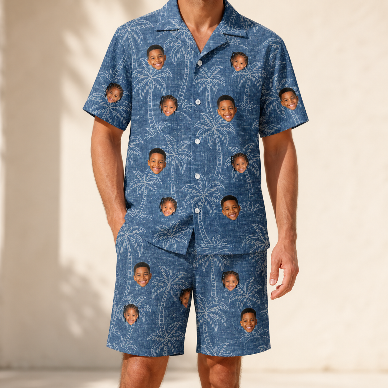 Model wearing Men's Blossom Bounce Custom Face Shirt & Shorts Set printed with kids' faces