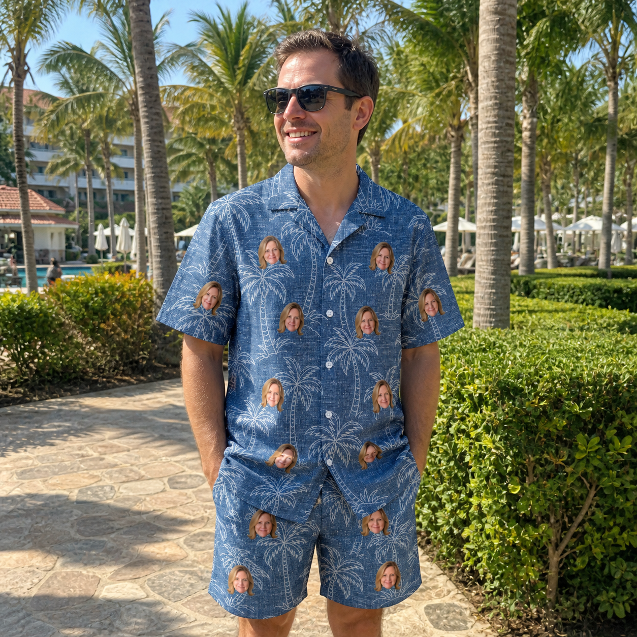 Real-life photo of someone wearing Men's Blossom Bounce Custom Face Shirt & Shorts Set — custom faces printed all-over