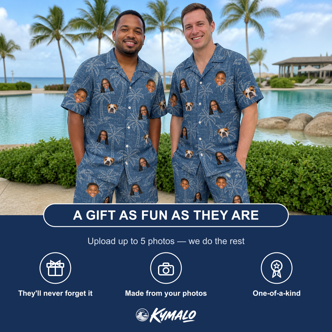 Friends in matching Men's Blossom Bounce Custom Face Shirt & Shorts Set — a group gift photo