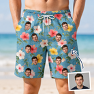 Man wearing Men's Petal Party Custom Face Beach Shorts — custom faces printed all-over