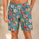 Model wearing Men's Petal Party Custom Face Beach Shorts printed with kids' faces