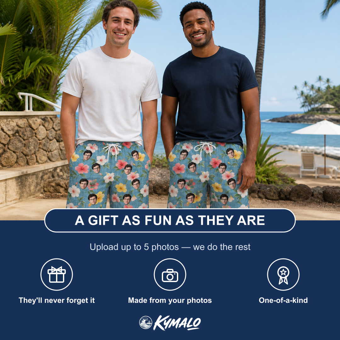 Friends in matching Men's Petal Party Custom Face Beach Shorts — a group gift photo