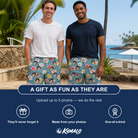 Friends in matching Men's Petal Party Custom Face Beach Shorts — a group gift photo