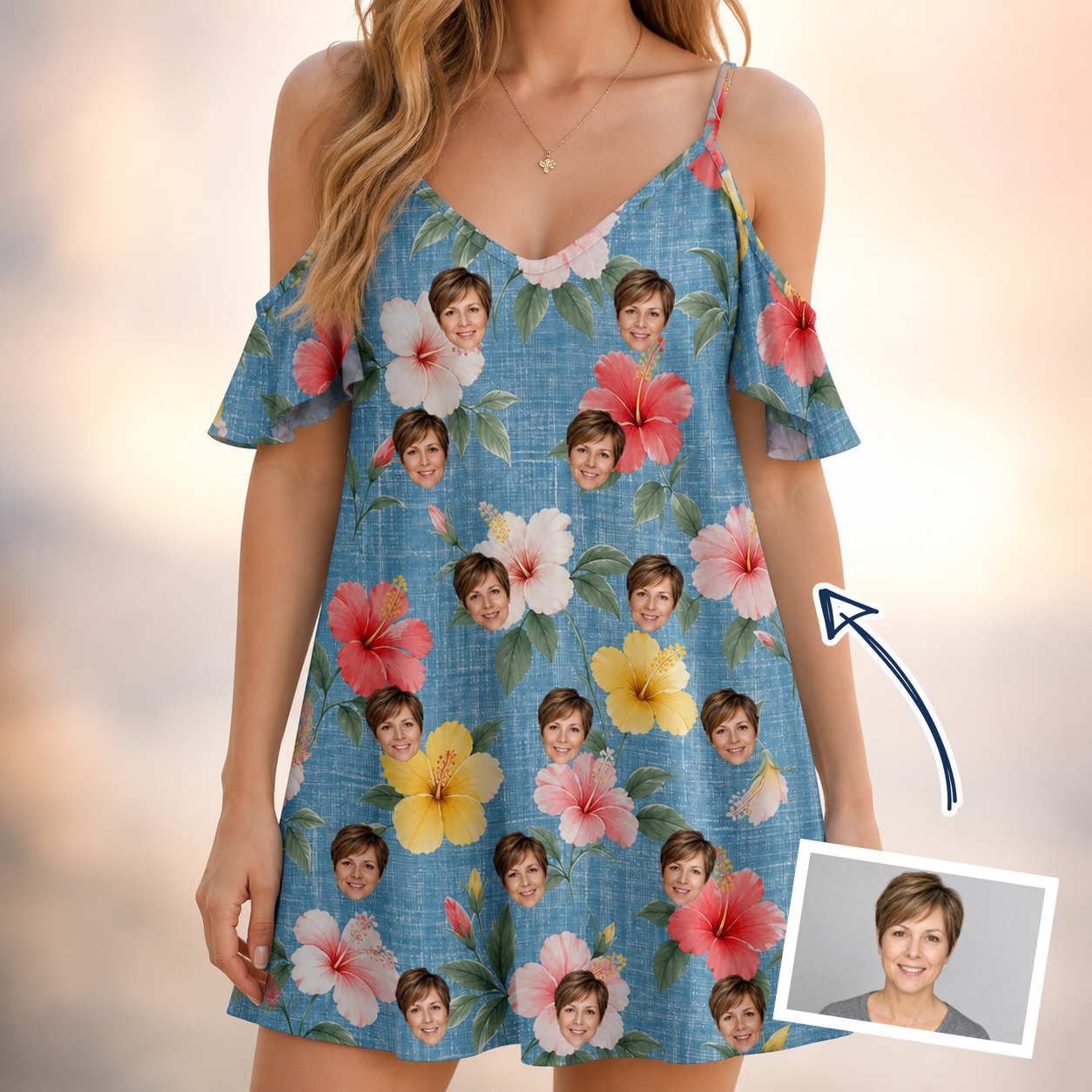 Woman wearing Women's Petal Party Custom Face Off-Shoulder Dress — custom faces printed all-over