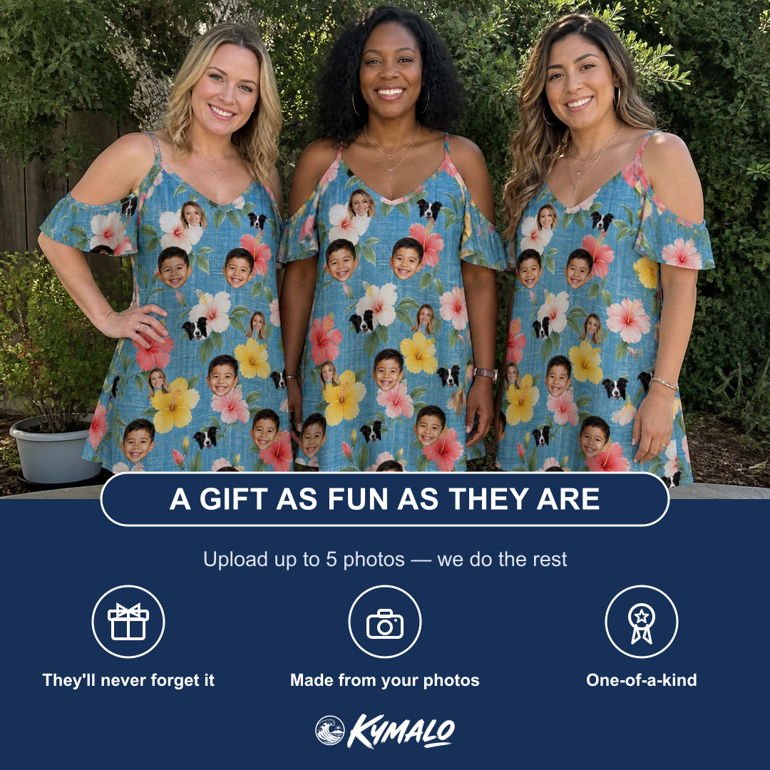 Friends in matching Women's Petal Party Custom Face Off-Shoulder Dress — a group gift photo