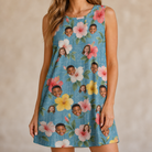 Model wearing Women's Petal Party Custom Face Tank Dress printed with kids' faces