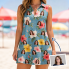 Woman wearing Women's Petal Party Custom Face V-Neck Dress — custom faces printed all-over