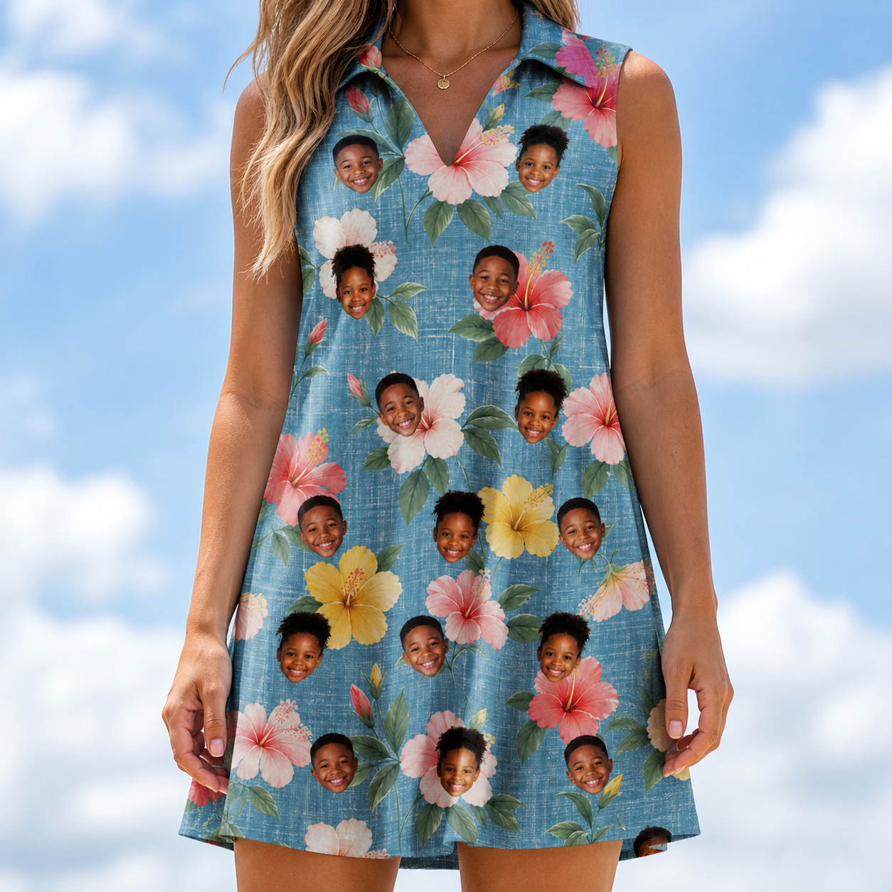 Model wearing Women's Petal Party Custom Face V-Neck Dress printed with kids' faces