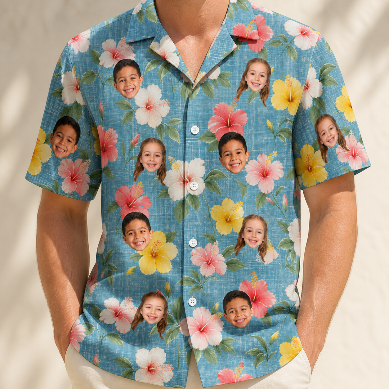 Model wearing Men's Petal Party Custom Face Hawaiian Shirt printed with kids' faces