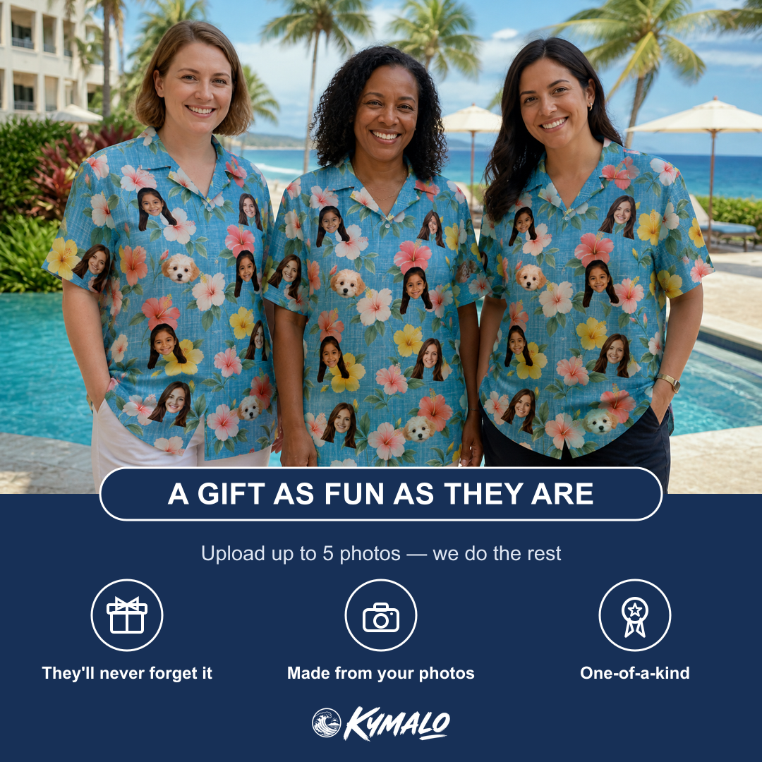 Friends in matching Women's Petal Party Custom Face Hawaiian Shirt — a group gift photo
