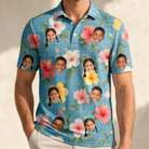 Model wearing Men's Petal Party Custom Face Polo Shirt printed with kids' faces