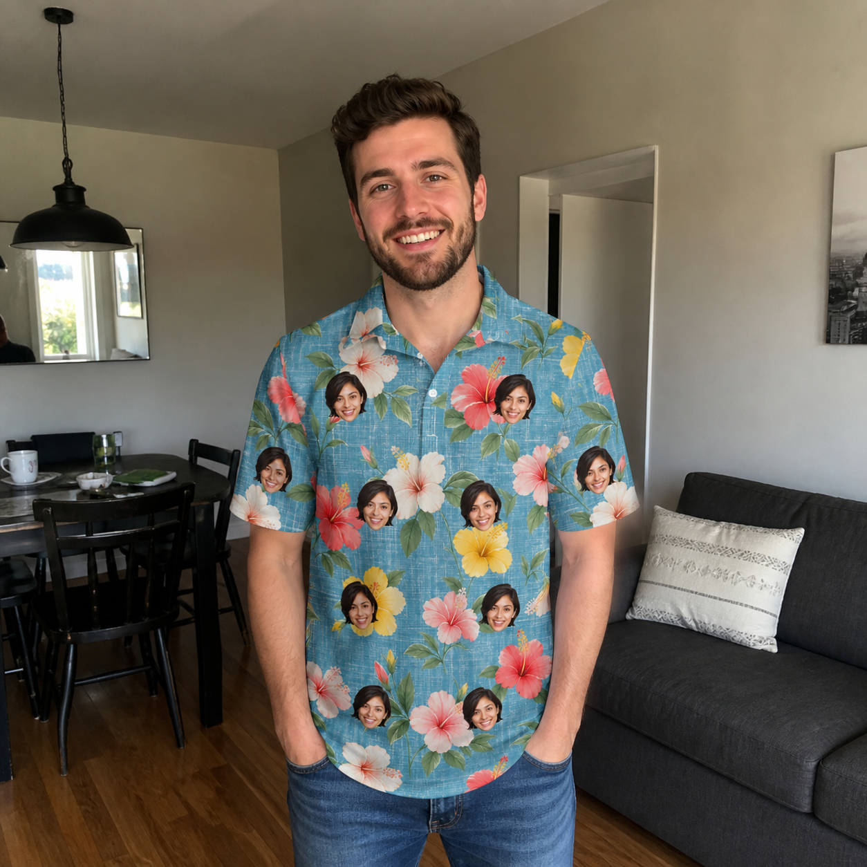 Real-life photo of someone wearing Men's Petal Party Custom Face Polo Shirt — custom faces printed all-over
