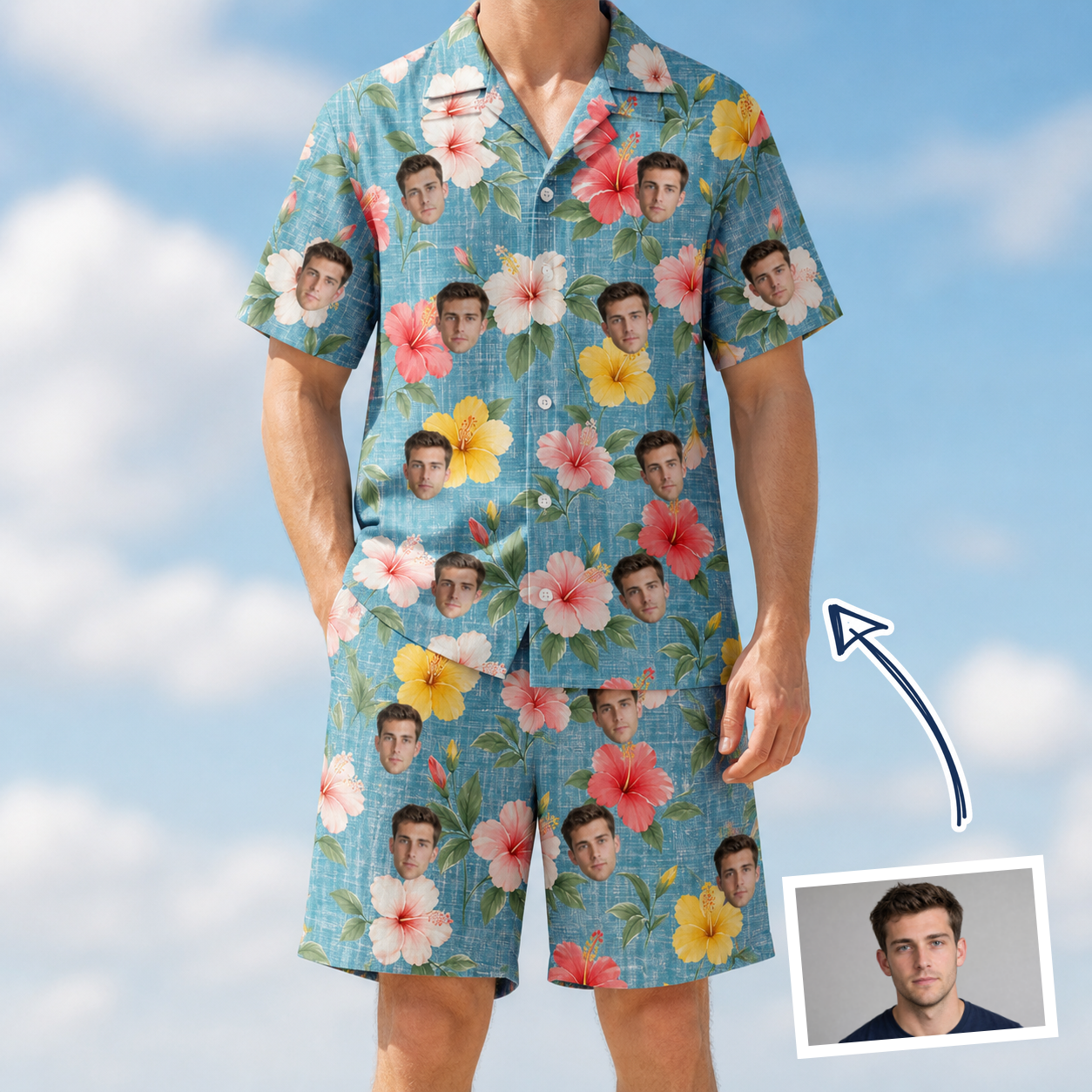 Man wearing Men's Petal Party Custom Face Shirt & Shorts Set — custom faces printed all-over