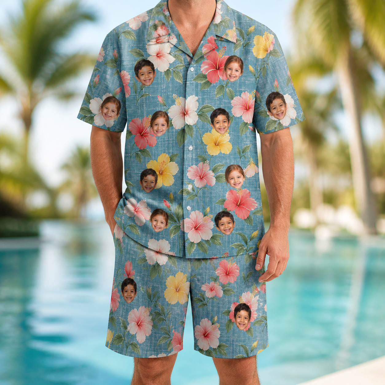 Model wearing Men's Petal Party Custom Face Shirt & Shorts Set printed with kids' faces