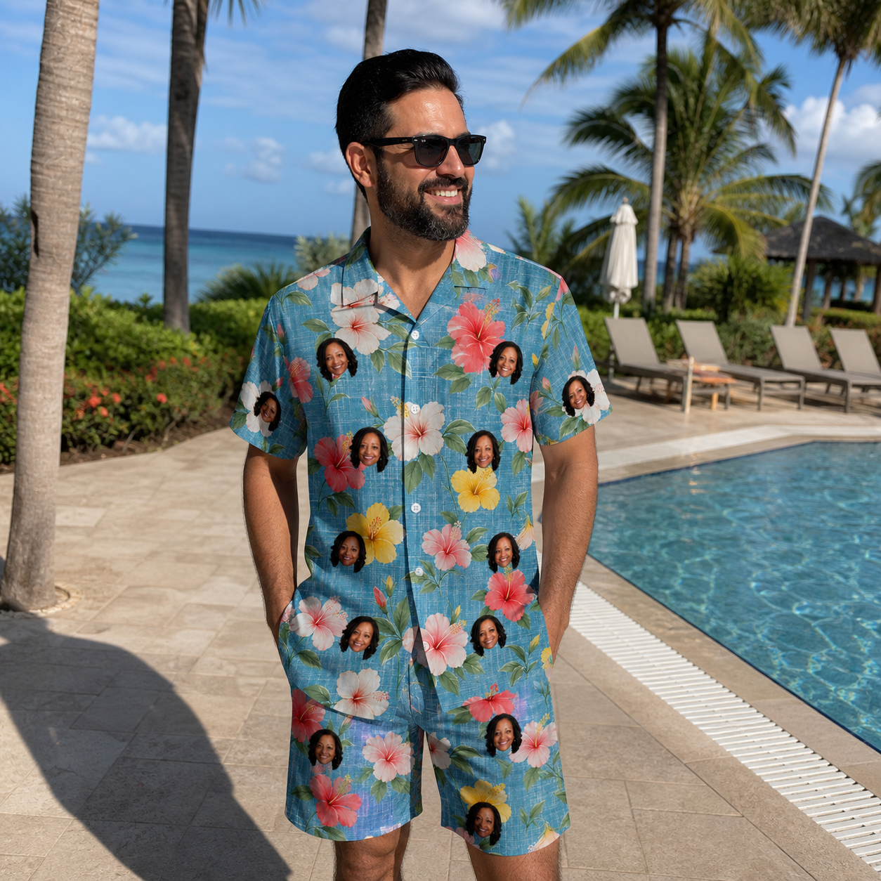 Real-life photo of someone wearing Men's Petal Party Custom Face Shirt & Shorts Set — custom faces printed all-over