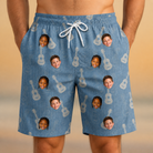 Model wearing Men's Gardenia Grooves Custom Face Beach Shorts printed with kids' faces