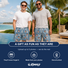 Friends in matching Men's Gardenia Grooves Custom Face Beach Shorts — a group gift photo