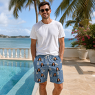 Real-life photo of someone wearing Men's Gardenia Grooves Custom Face Beach Shorts — custom faces printed all-over