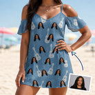 Woman wearing Women's Gardenia Grooves Custom Face Off-Shoulder Dress — custom faces printed all-over